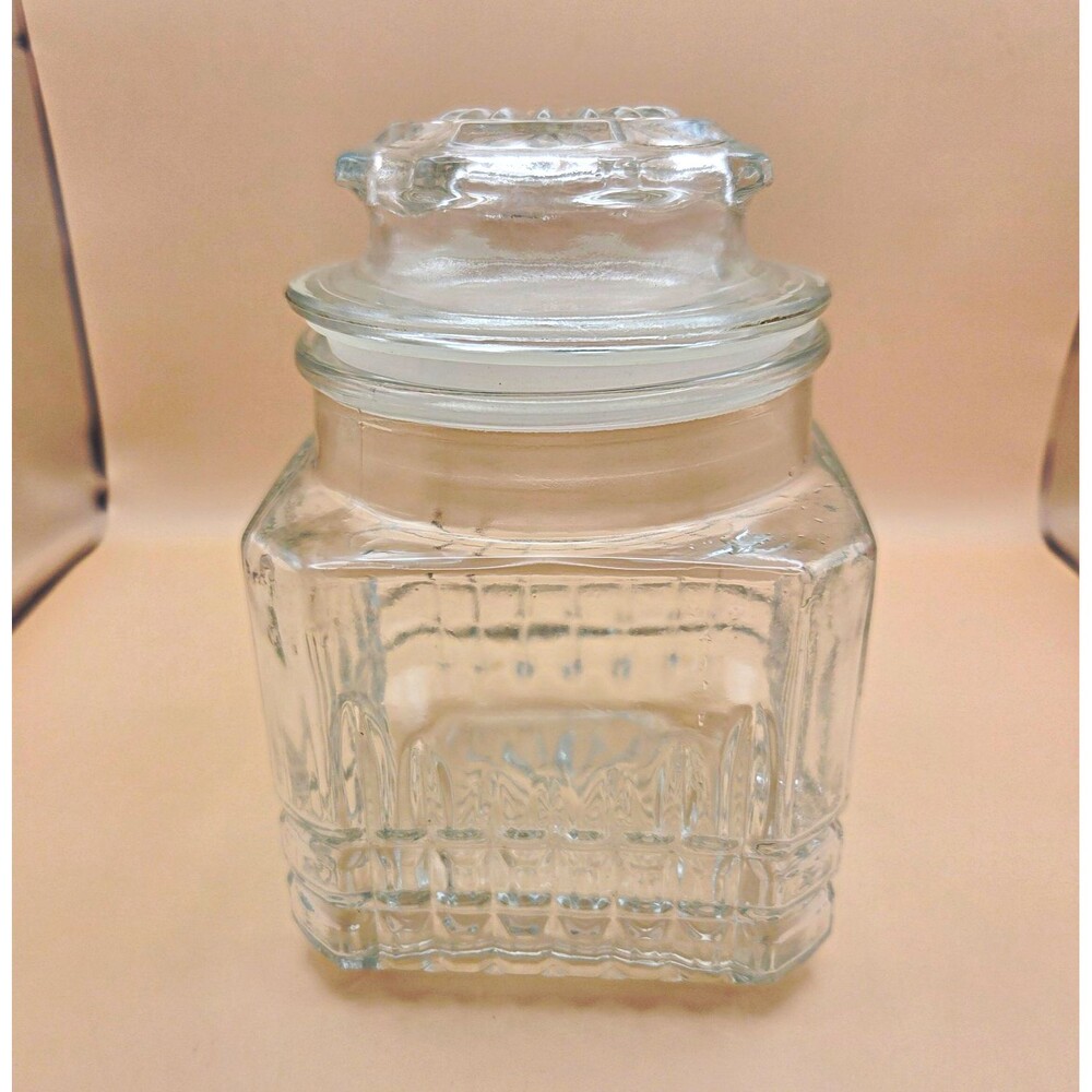 Clear Glass Square Cookie Jar Canister w/ Lid 1.75 qt Vintage/Retro